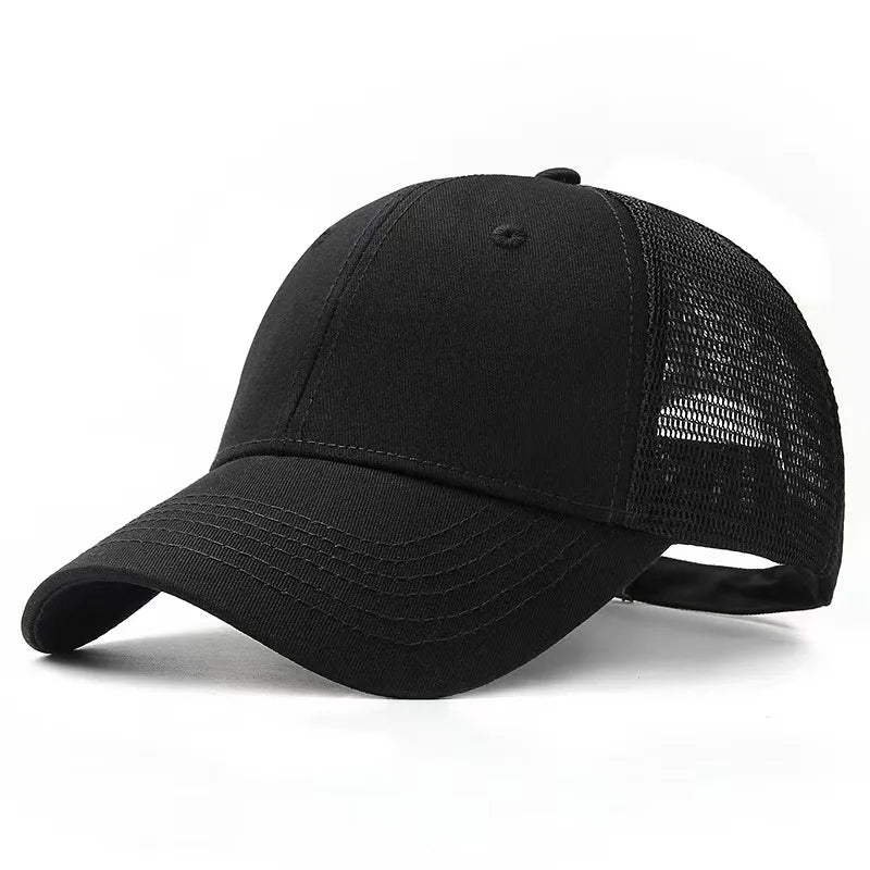 Black baseball cap with mesh back on a white background
