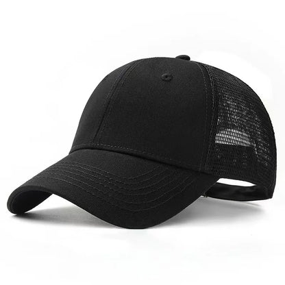 Black baseball cap with mesh back on a white background