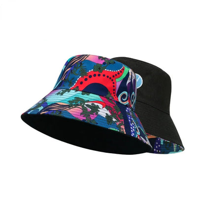 A black bucket hat with a colorful striped pattern on it, displayed from a frontal angle.