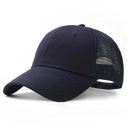 Navy blue baseball cap with mesh back on a white background