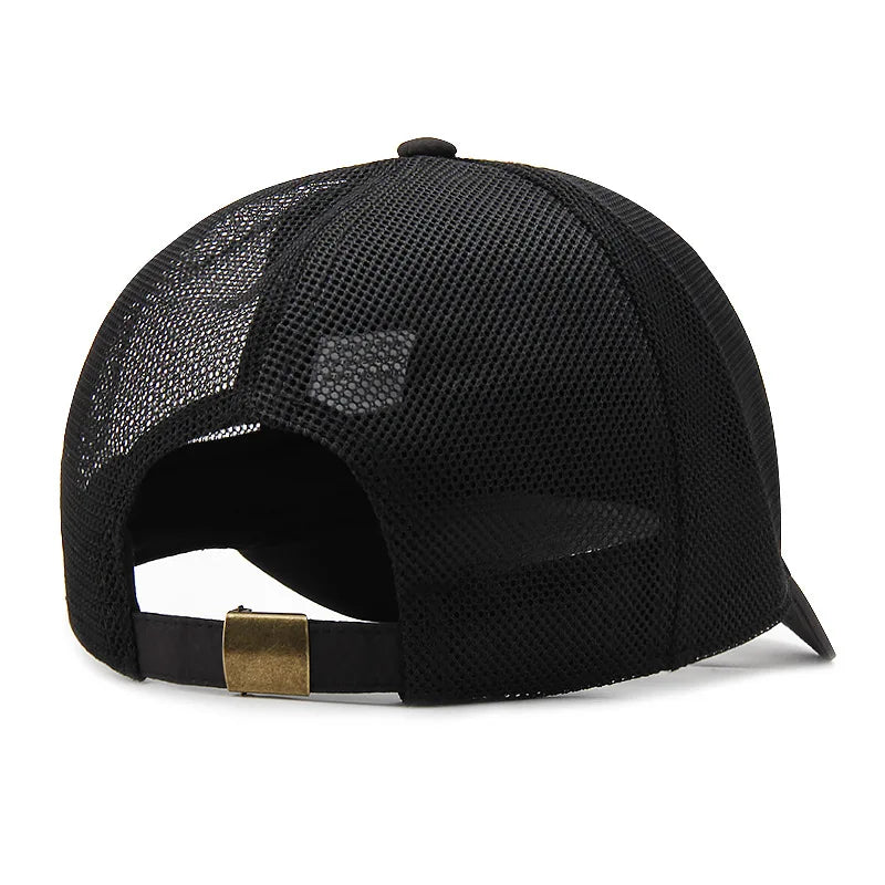 Black mesh cap with a gold buckle on a white background